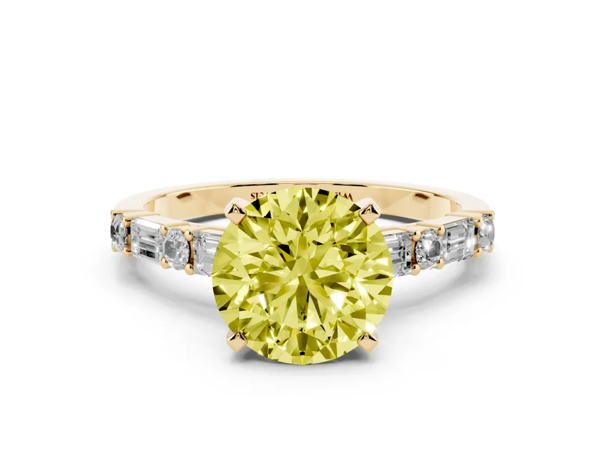 Fancy Yellow Round Cut Diamond Solitaire with Side Baguettes and Channel Set Band Yellow gold