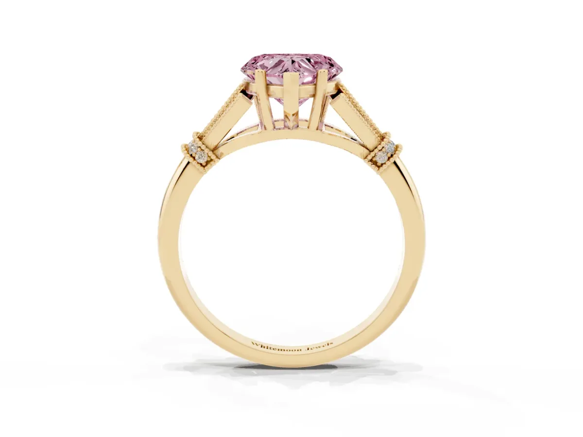 Fancy Pink Heart Cut Diamond Solitaire Ring with Floral Filigree and Pave Accents Yellow gold