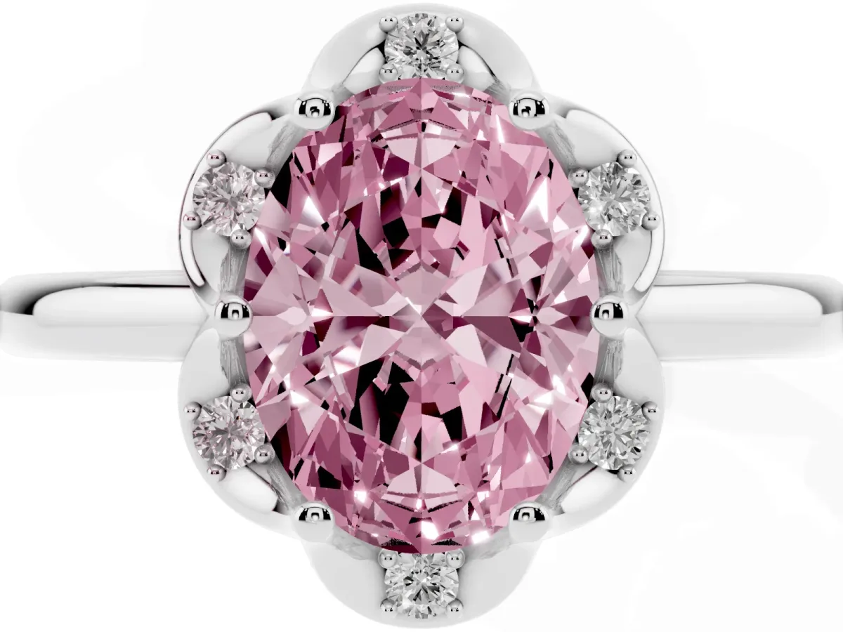 Fancy Pink Oval Cut Halo Diamond Ring with Round Cluster Setting, Solitaire Band, and Four-Prong Setting White gold