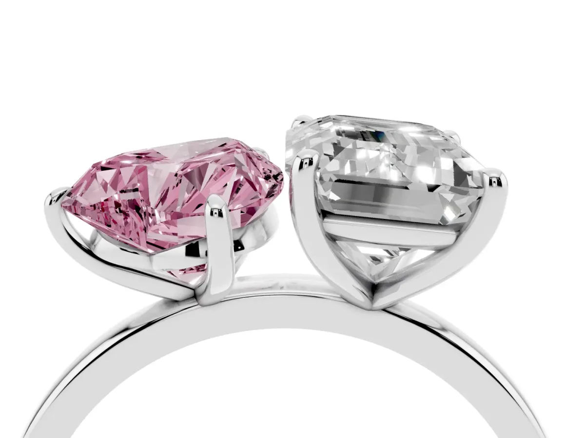 Fancy Pink Heart Cut and Emerald Cut Toi Moi Ring with Prong Setting Silver
