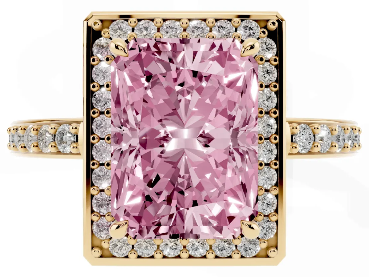 Fancy Pink Radiant Cut Halo Pave Band Solitaire Ring with Prong Setting Yellow gold