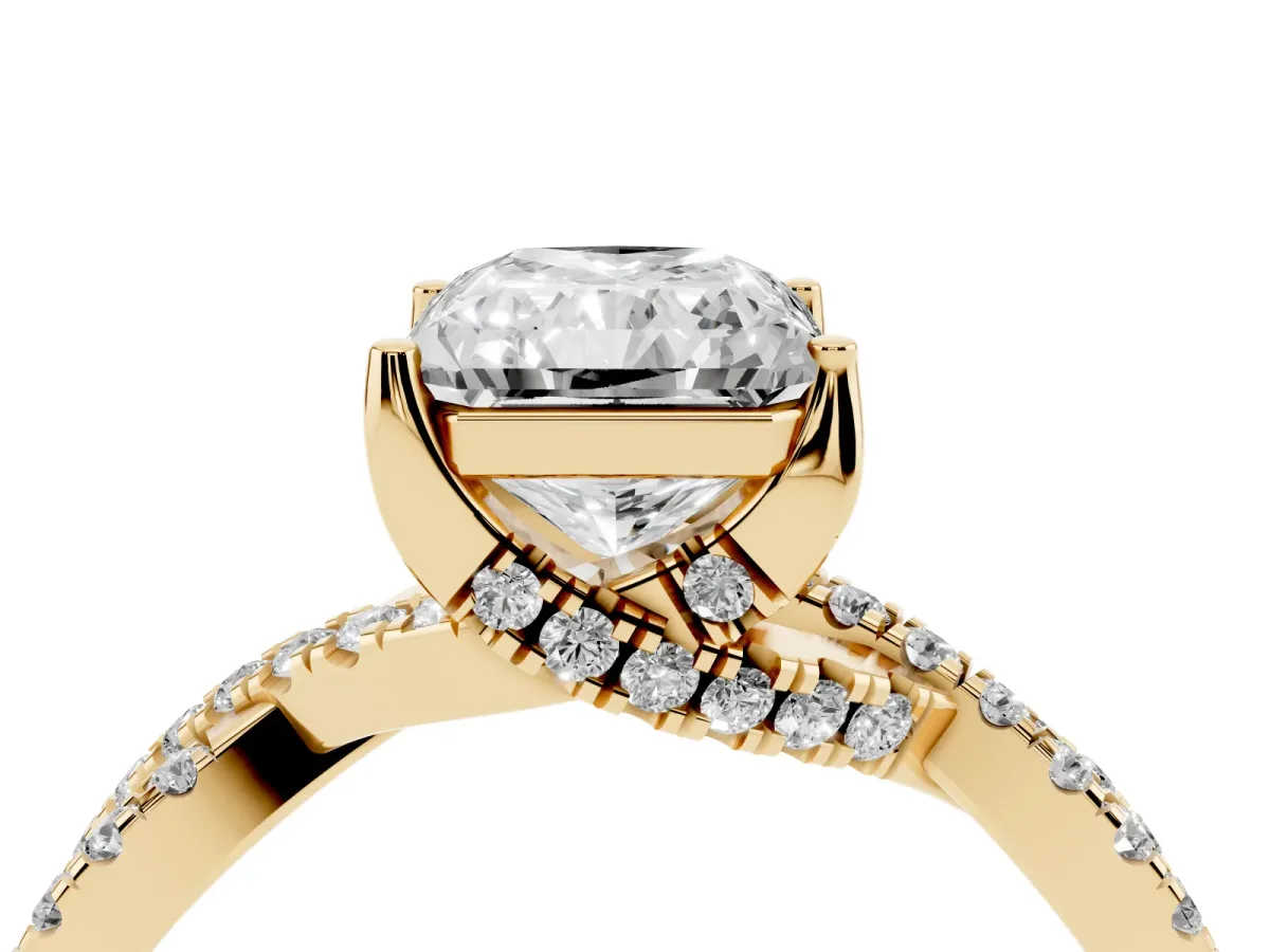 Radiant Cut Solitaire Twist Pave Diamond Engagement Ring with Prong Setting Yellow gold