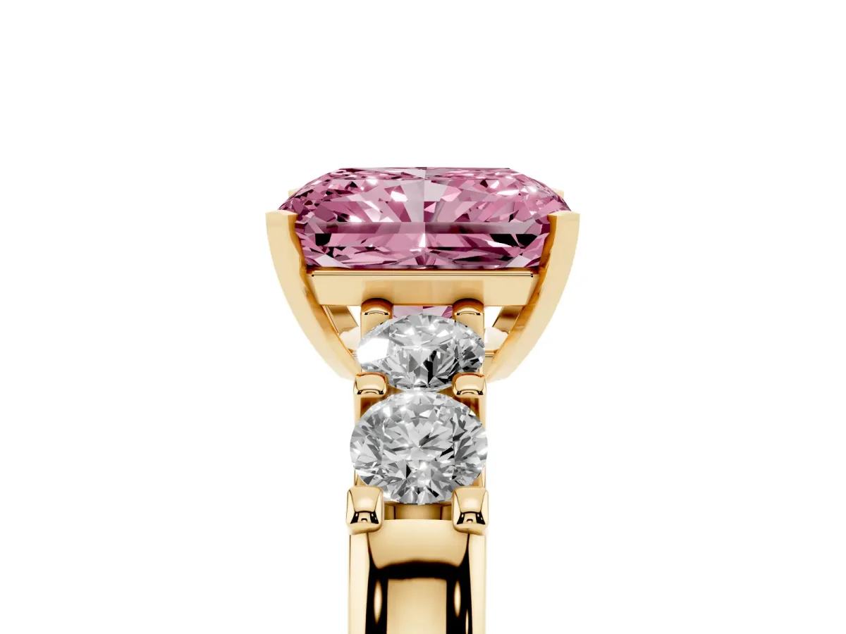 Fancy Pink Radiant Cut Brilliant Cut Diamond Five-Stone Prong Set Engagement Ring with Channel Band Yellow gold