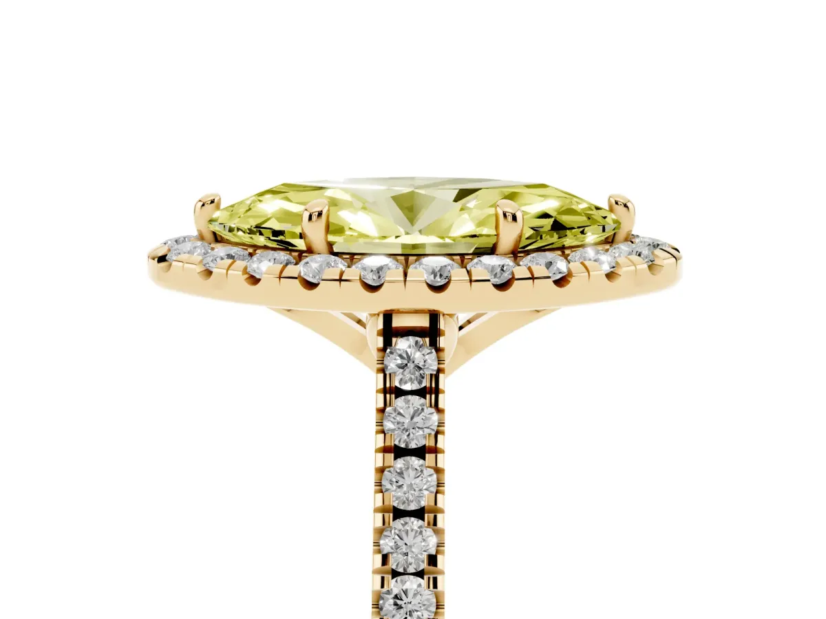 Fancy Yellow Marquise Cut Diamond Cushion Halo Ring with Pavé Band Yellow gold