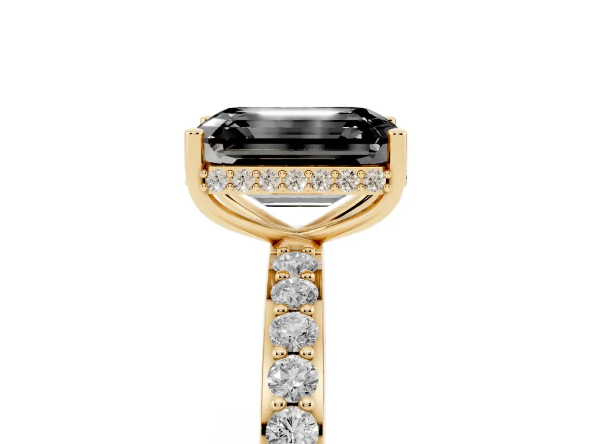 Fancy Black Emerald Cut Diamond Solitaire Ring with Pavé Band and Hidden Halo Yellow gold