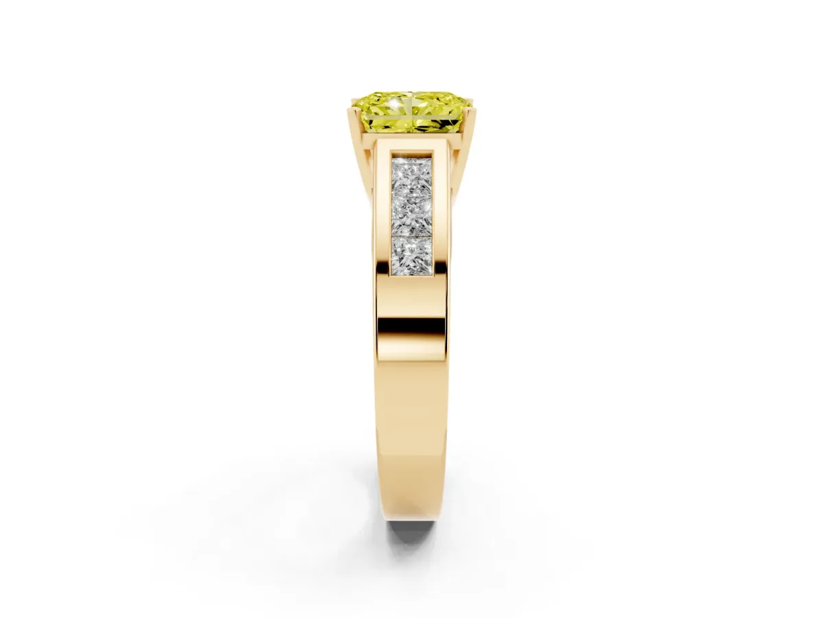 Fancy Yellow Radiant Cut Cut Channel Set Solitaire Ring with Four-Prong Setting Yellow gold