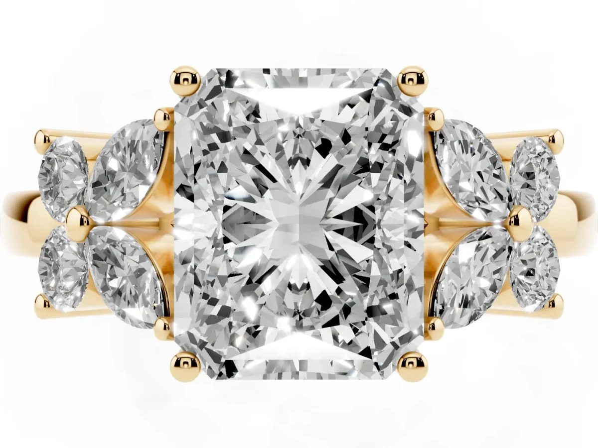 Radiant Cut Diamond Floral Cluster Ring with Solitaire Band and Prong Setting Yellow gold