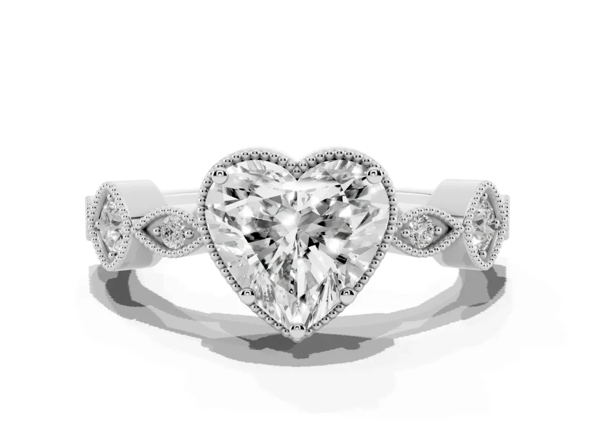 Heart Cut Diamond Vintage Milgrain Ring with Round Stations Silver
