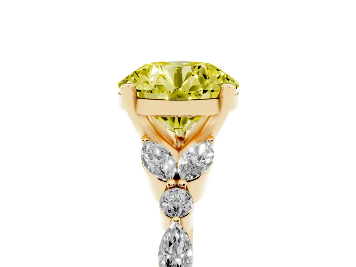 Fancy Yellow Round Cut Diamond Solitaire Ring with Side Stones and Four-Prong Setting Yellow gold