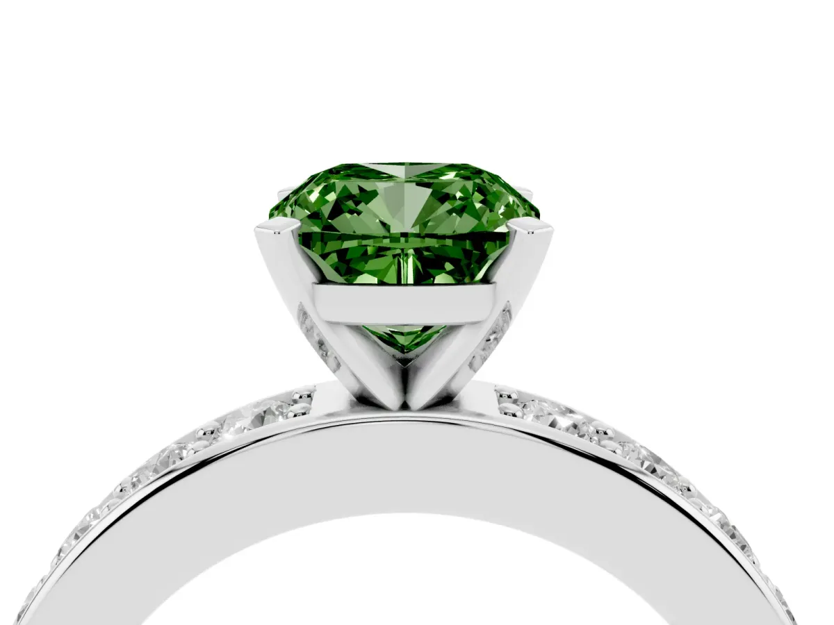 Fancy Green Cushion Cut Diamond Engagement Ring with Channel Set Round Band and Prong Setting Silver
