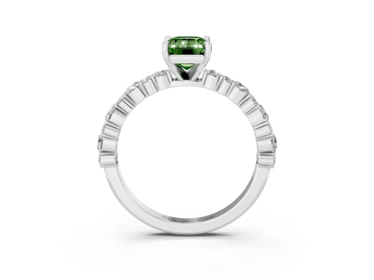 Fancy Green Emerald Cut Diamond Side Stone Solitaire Ring with Round and Four-Prong Setting Silver