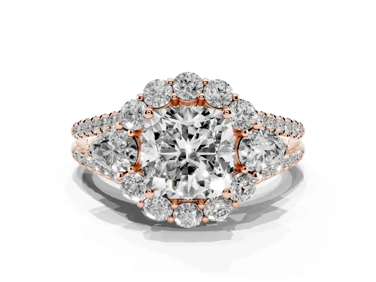 Cushion Cut Halo Split Shank Diamond Engagement Ring with Prong Setting Rose gold