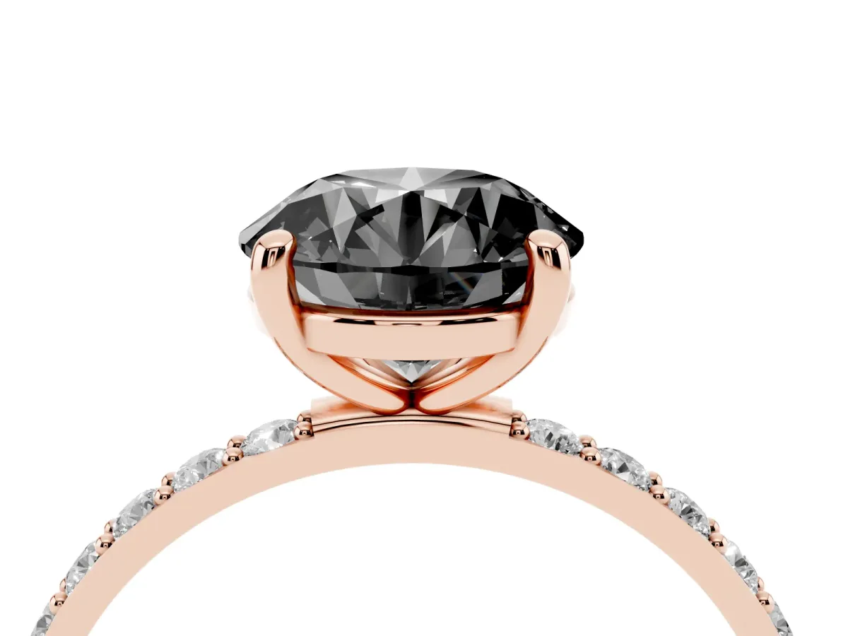 Fancy Black Round Cut Diamond Solitaire Ring with Round Pavé Band and Prong Setting Rose gold