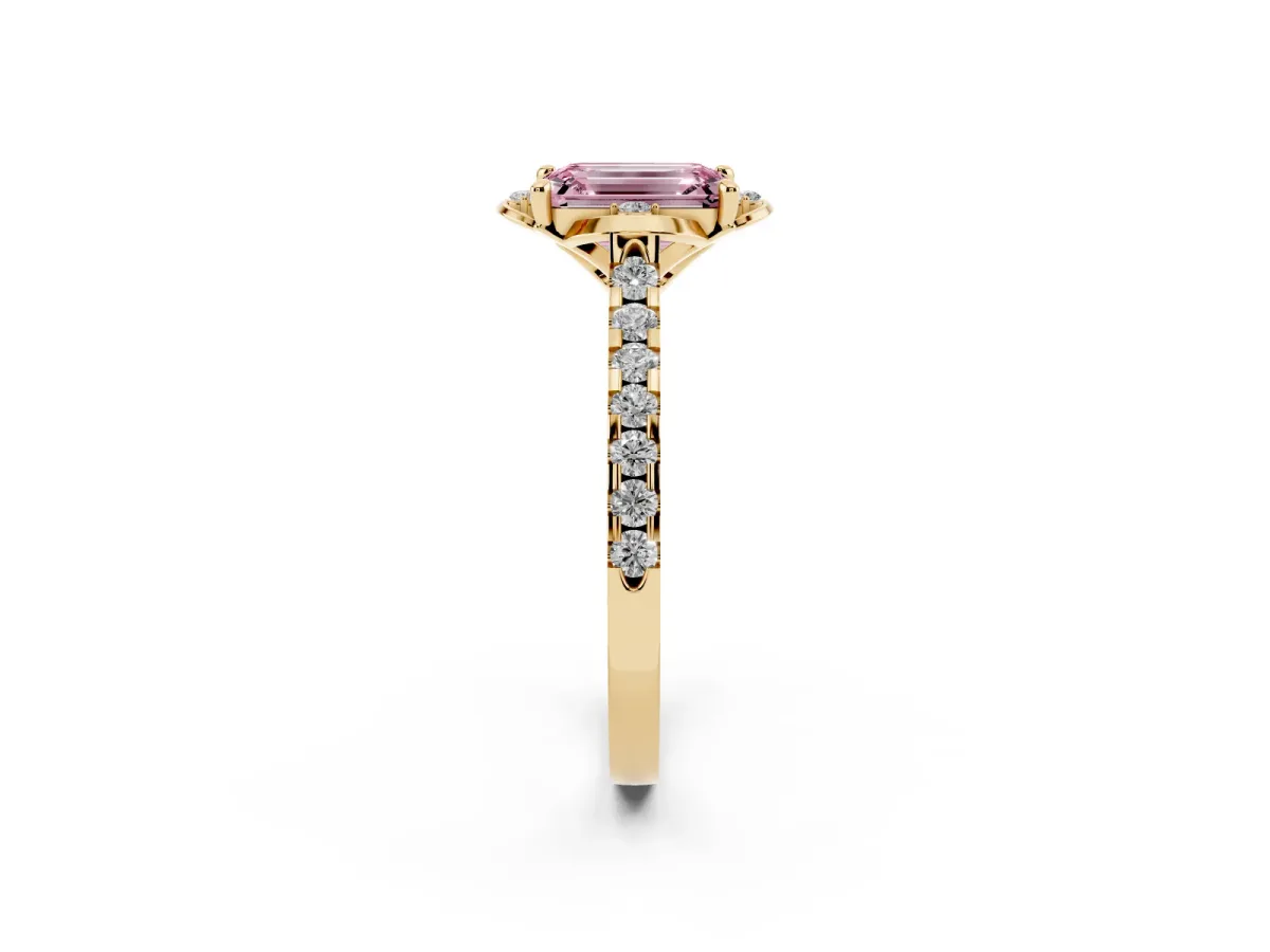 Fancy Pink Emerald Cut Diamond Ring with Pavé Band and Floral Prong Setting Yellow gold