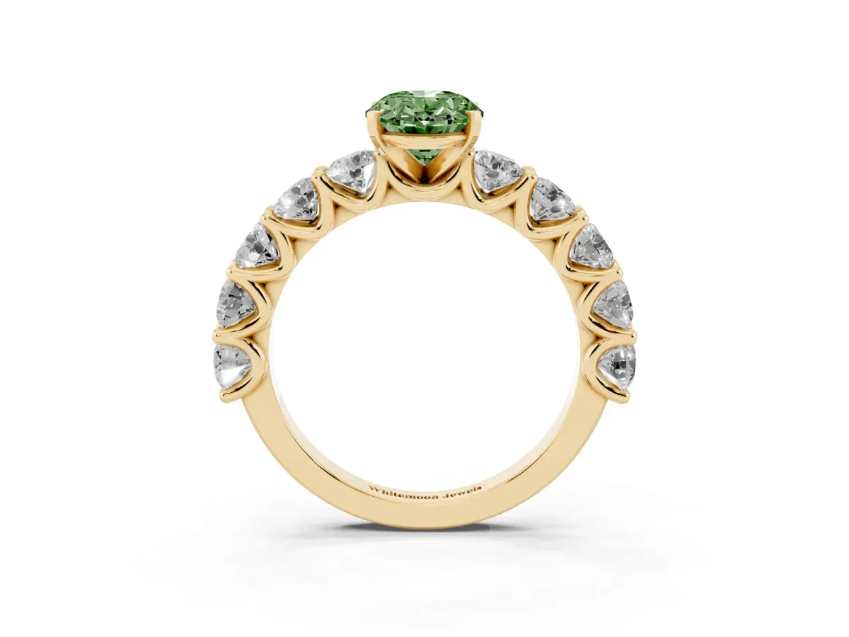 Fancy Green Oval Cut Diamond Prong Setting with Side Stones on a Pave Band Yellow gold
