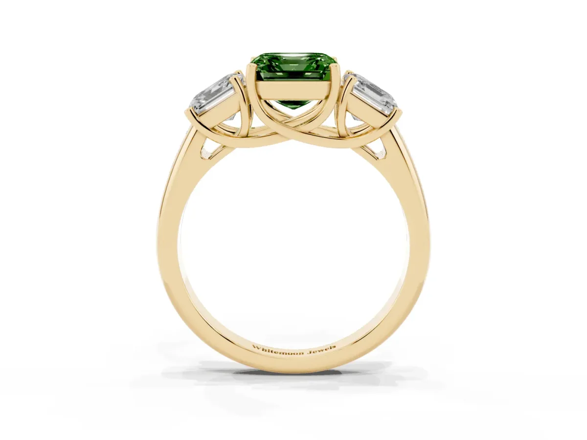 Fancy Green Three-Stone Asscher Cut Diamond Engagement Ring with Prong Setting Yellow gold
