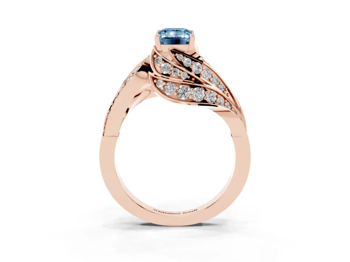 Fancy Blue Emerald Cut Diamond Solitaire Ring with Prong Setting and Twisted Pavé Band Rose gold