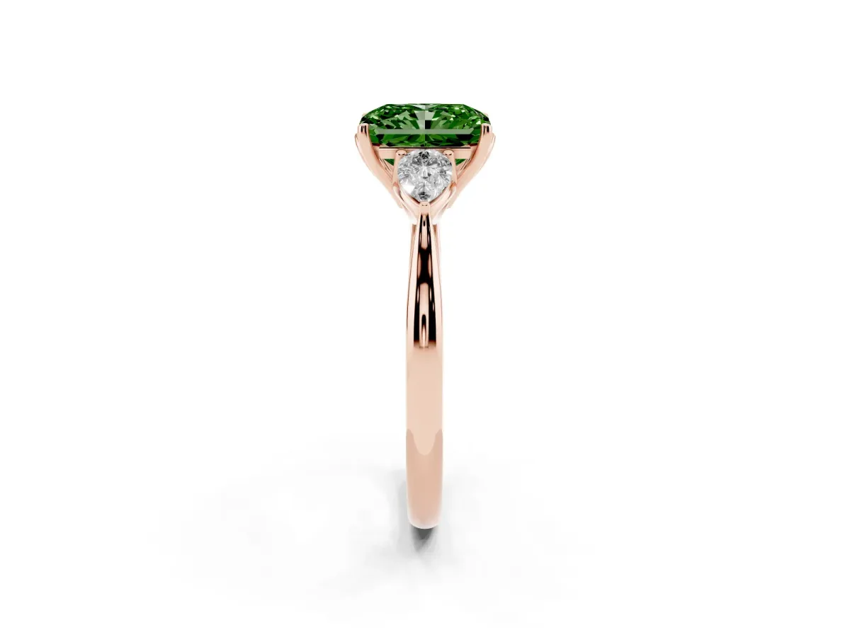 Fancy Green Radiant Cut Diamond Three-Stone Ring with Pear Side Stones and Prong Setting Rose gold