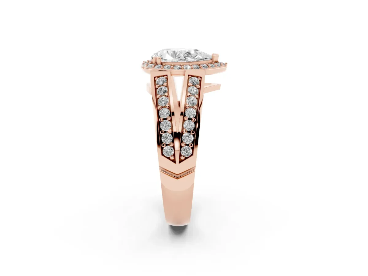 Pear Cut Diamond Halo Ring with Split Shank Pavé Band and Four-Prong Setting Rose gold
