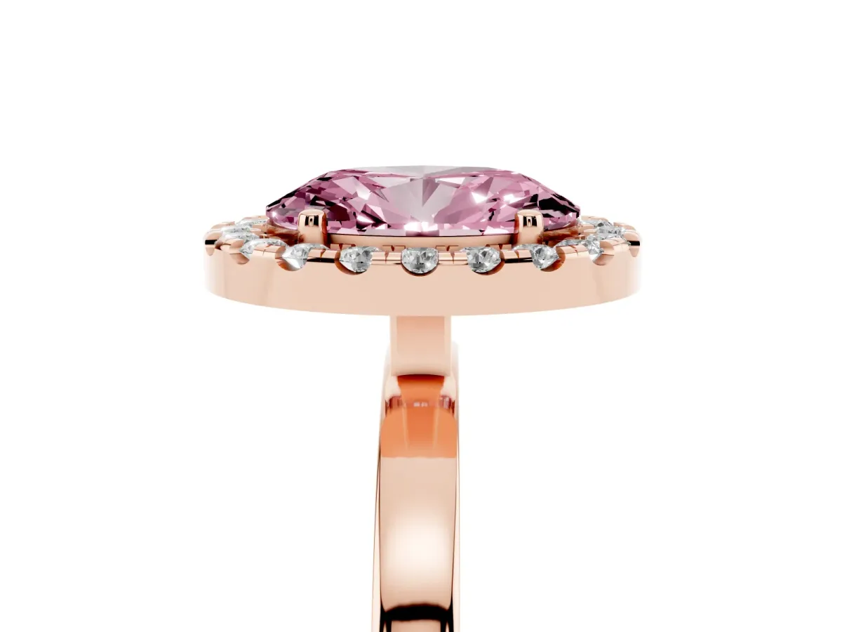 Fancy Pink Oval Cut Halo Diamond Solitaire with Pavé Band and Four-Prong Setting Rose gold