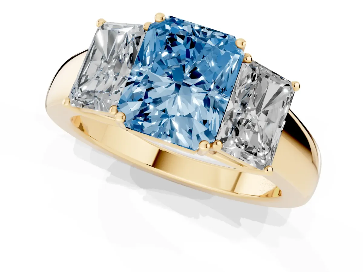 Fancy Blue Three-Stone Radiant Cut Cut Diamond Ring with Prong Setting and Classic Band Yellow gold
