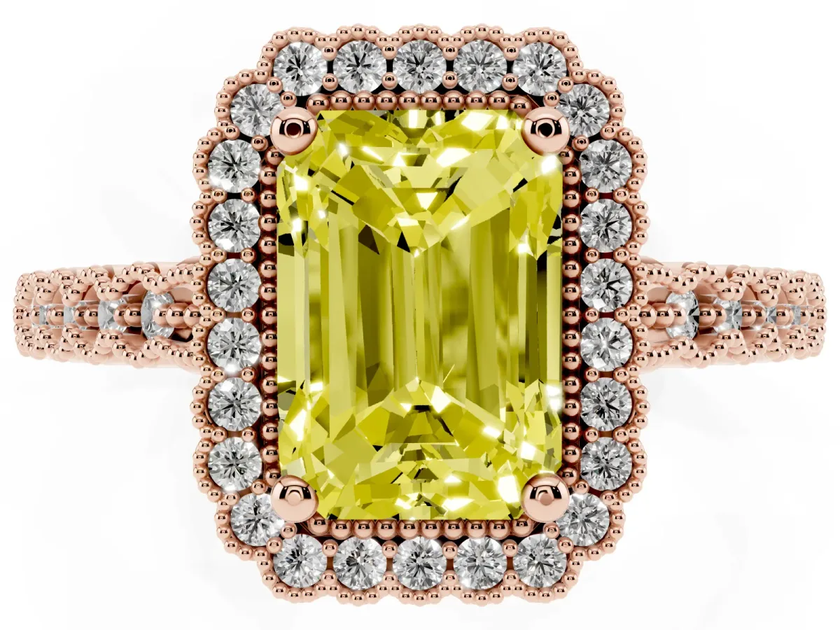 Fancy Yellow Radiant Cut Cut Halo Pavé Solitaire Ring with Milgrain Band Rose gold