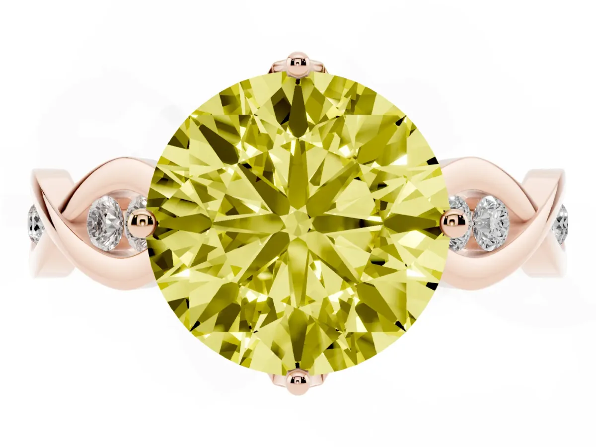Fancy Yellow Round Cut Solitaire Twist Band with Leaf Prong Setting Rose gold
