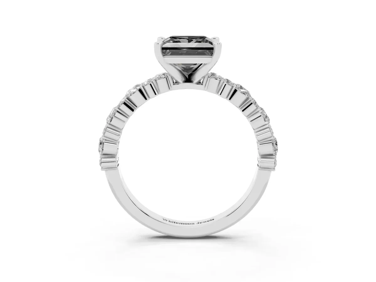 Fancy Black Princess Cut Diamond Side Stone Solitaire Ring with Round and Four-Prong Setting Silver