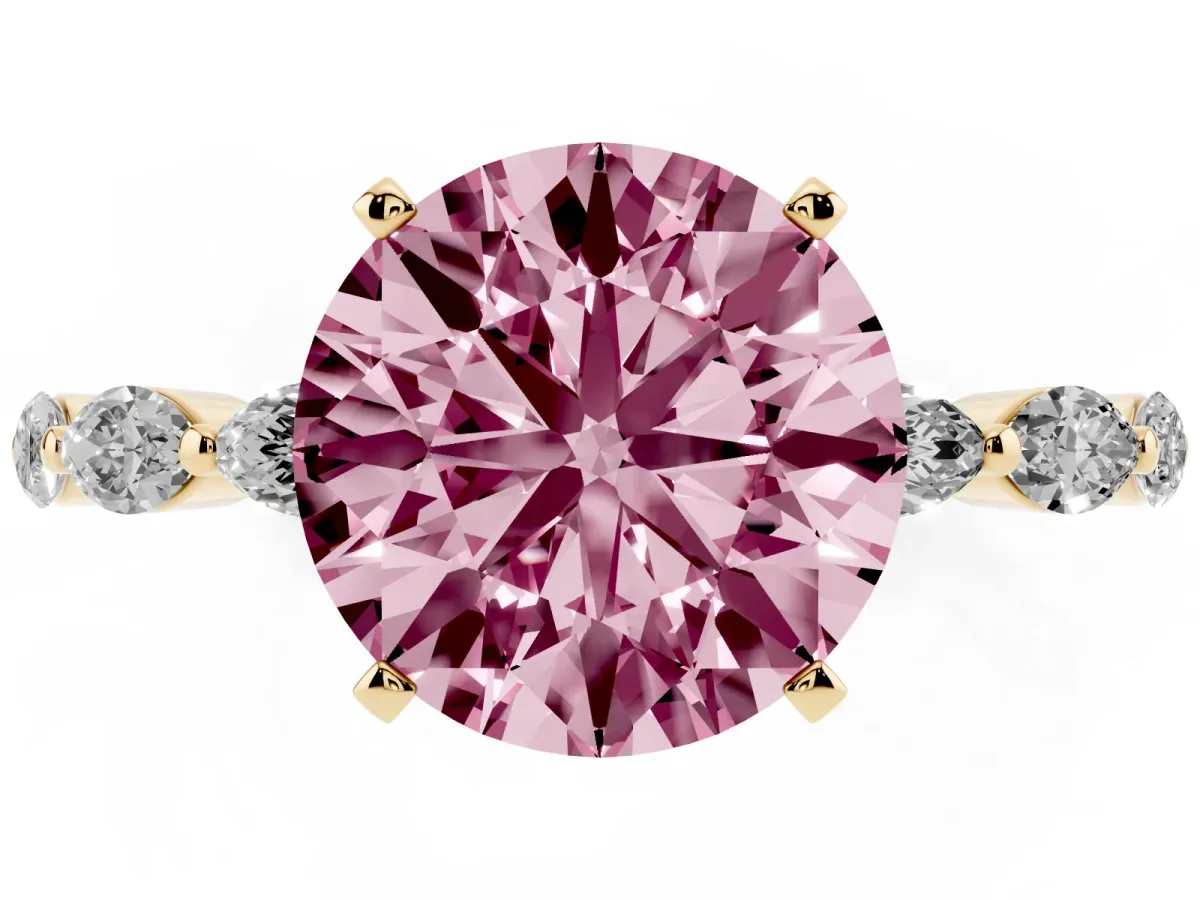 Fancy Pink Round Cut Diamond Ring with Marquise Side Stones and Prong Setting Yellow gold