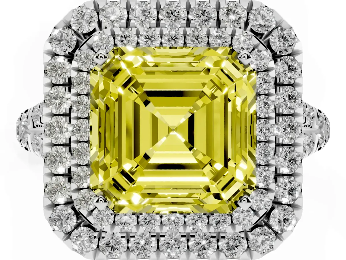 Fancy Yellow Asscher Cut Cut Double Halo Split Shank Diamond Ring with Prong Setting Platinum