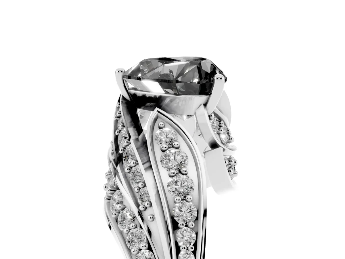 Fancy Black Heart Cut Diamond Solitaire Ring with Prong Setting and Twisted Pavé Band Silver