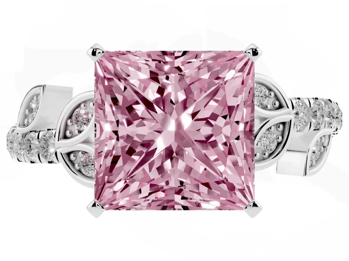 Fancy Pink Princess Cut Solitaire Leaf-Inspired Diamond Ring with Pavé Band and Four-Prong Setting Silver