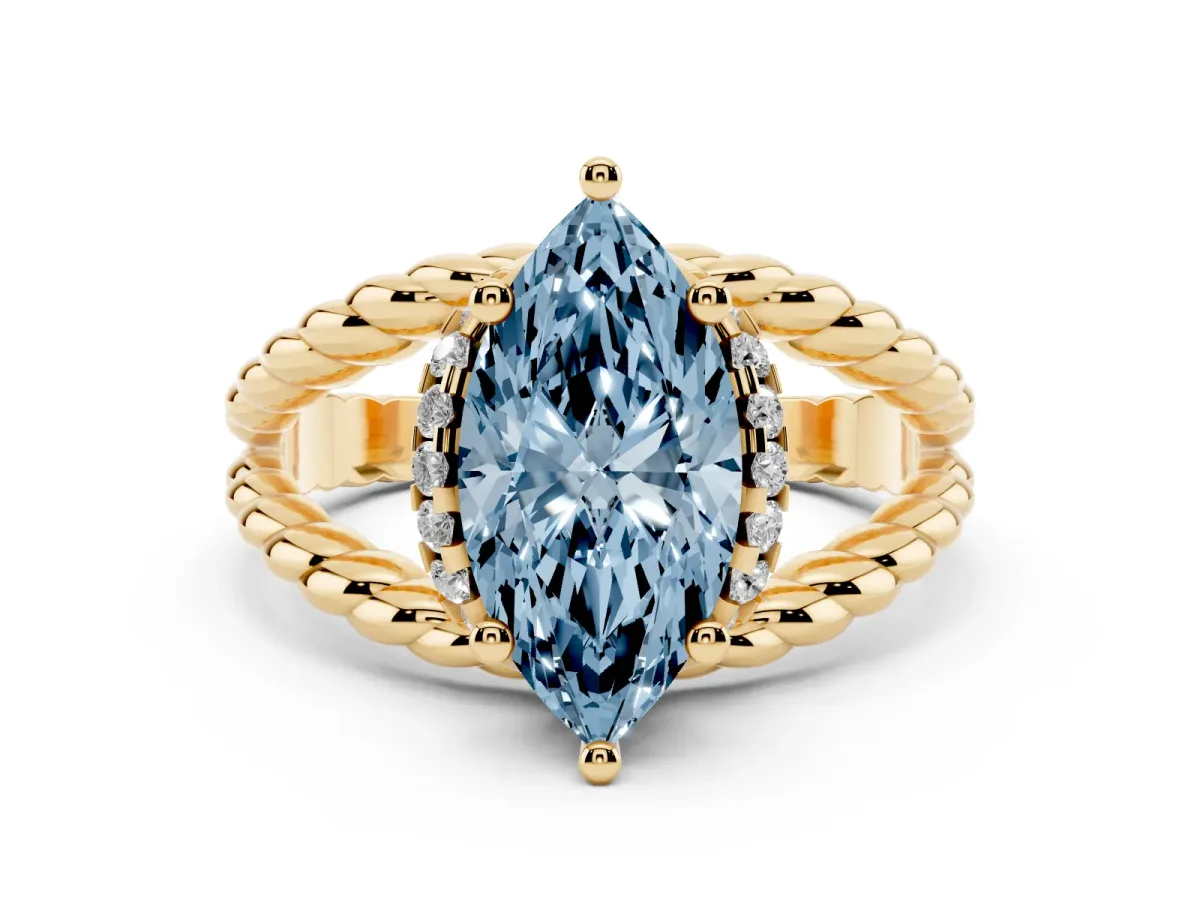 Fancy Blue Marquise Cut Halo Twisted Band Four-Prong Ring Yellow gold
