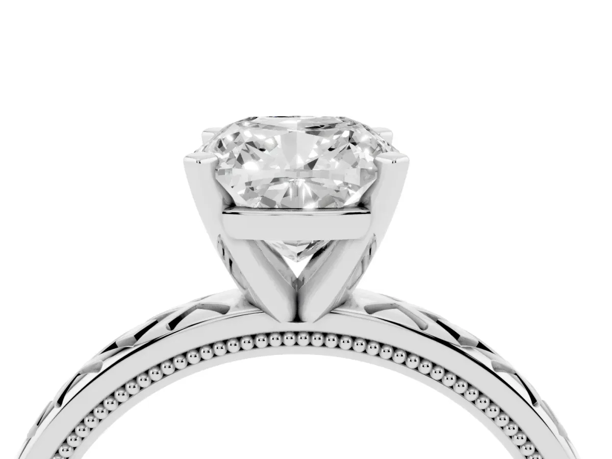 Cushion Cut Solitaire Diamond Ring with Milgrain and Black Enamel X Pattern Band Silver