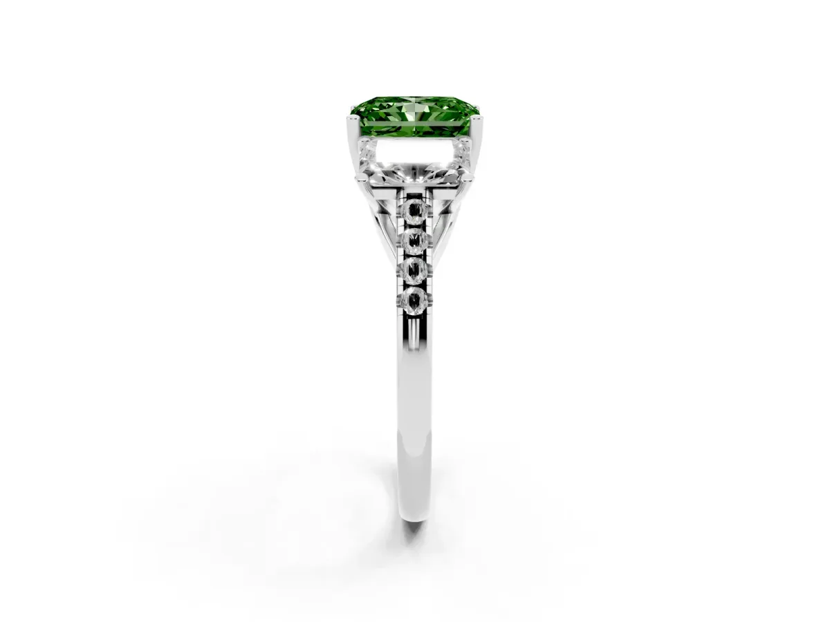 Fancy Green Three-Stone Radiant Cut Diamond Ring with Round Pavé Band and Prong Setting Platinum