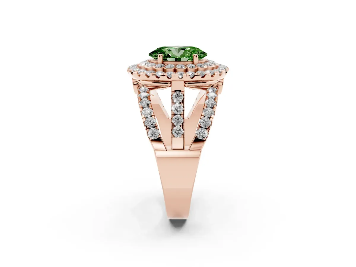 Fancy Green Oval Cut Diamond Double Halo Ring with Round Pavé Split Shank and Prong Setting Rose gold