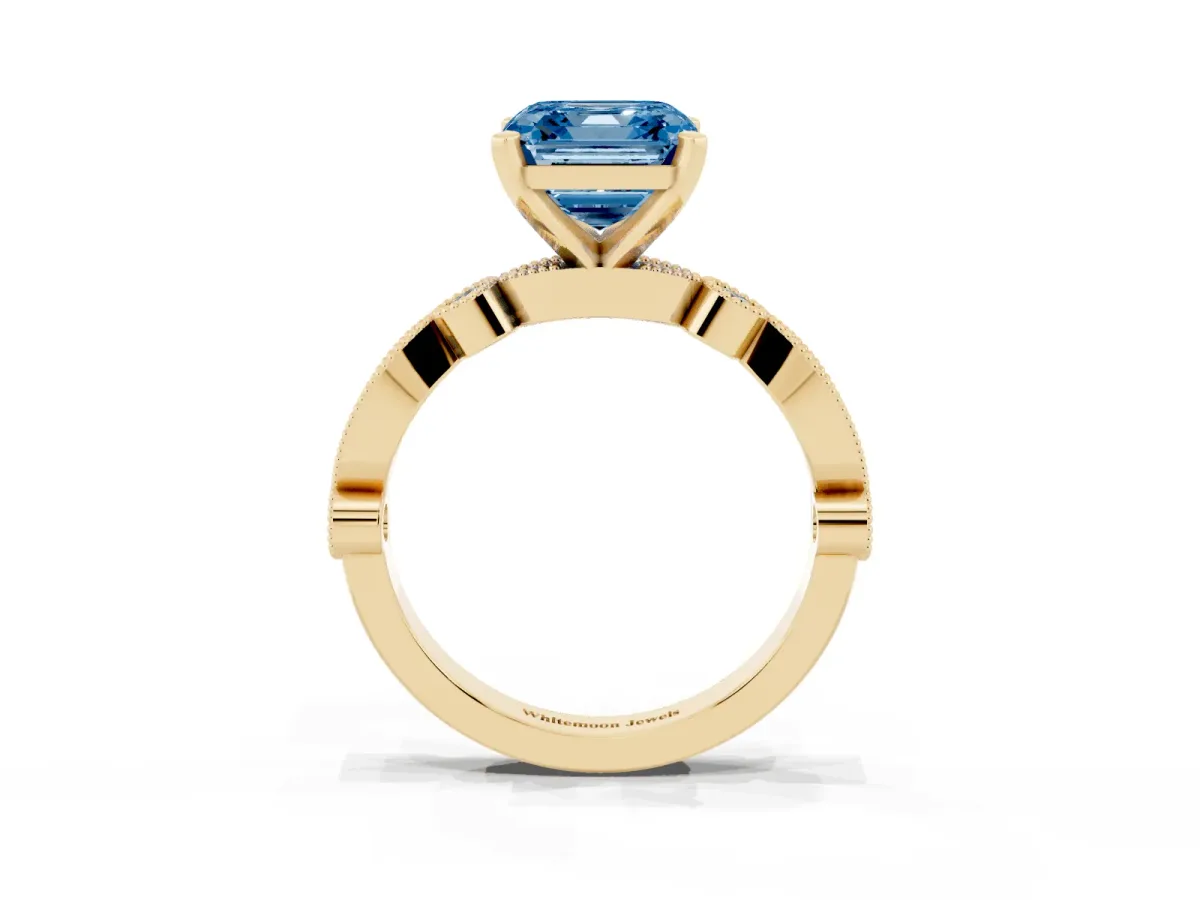 Fancy Blue Asscher Cut Milgrain Bezel Diamond Engagement Ring with Solitaire Prong Setting Yellow gold