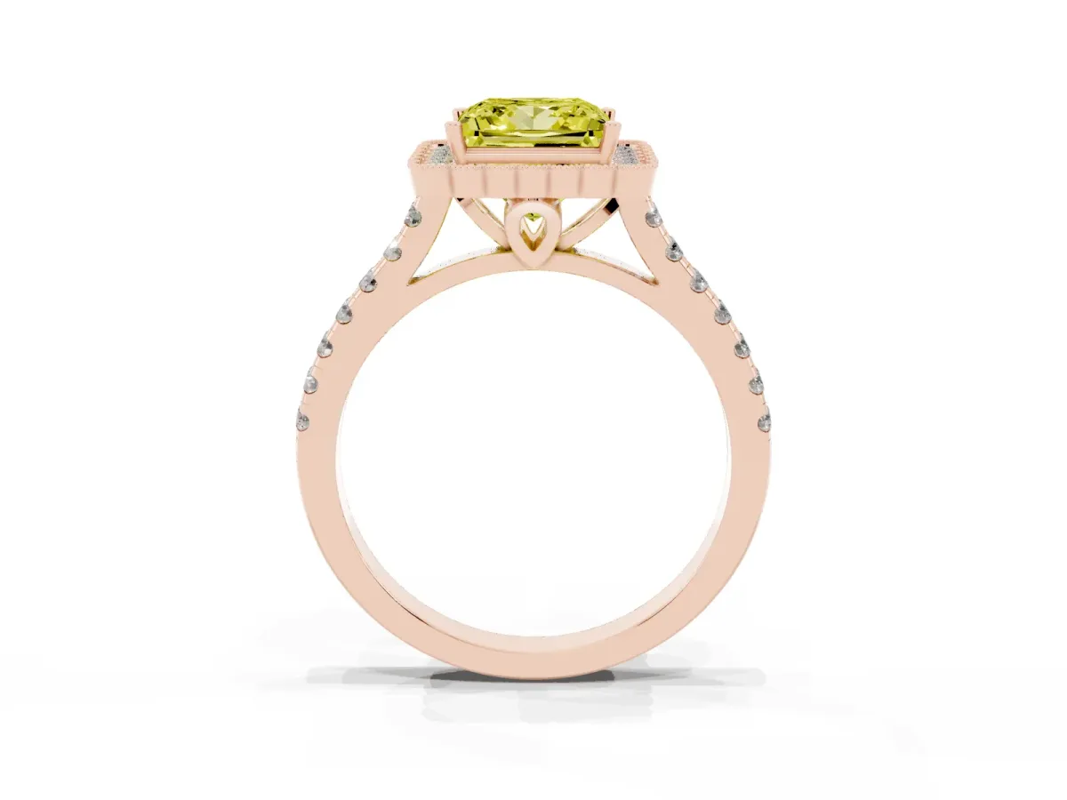 Fancy Yellow Princess Cut Cut Diamond Milgrain Floral Halo Engagement Ring with Pavé Band Rose gold