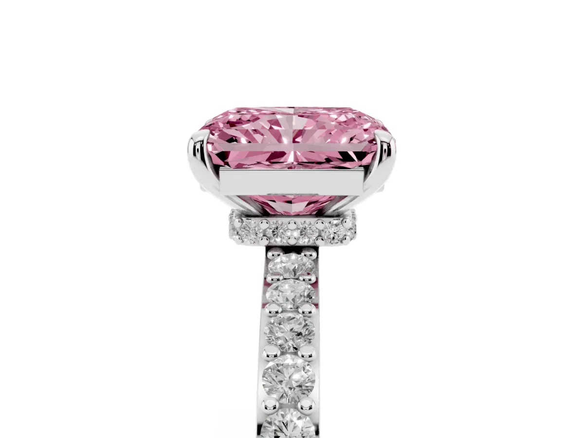 Fancy Pink Radiant Cut Diamond Pavé Engagement Ring with Round Accents and Prong Setting White gold