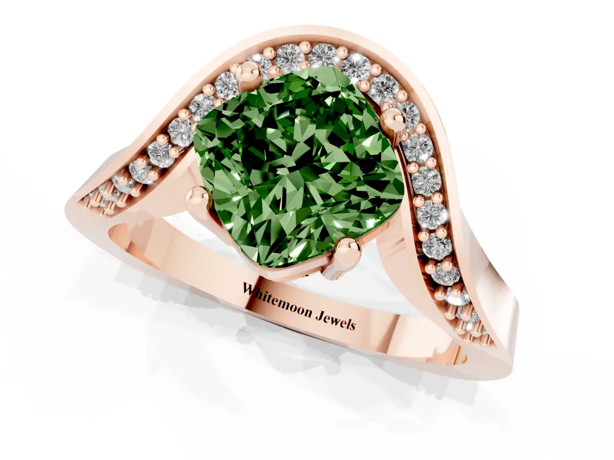 Fancy Green Cushion Cut Solitaire Diamond Engagement Ring with Pave Band and Four-Prong Setting Rose gold