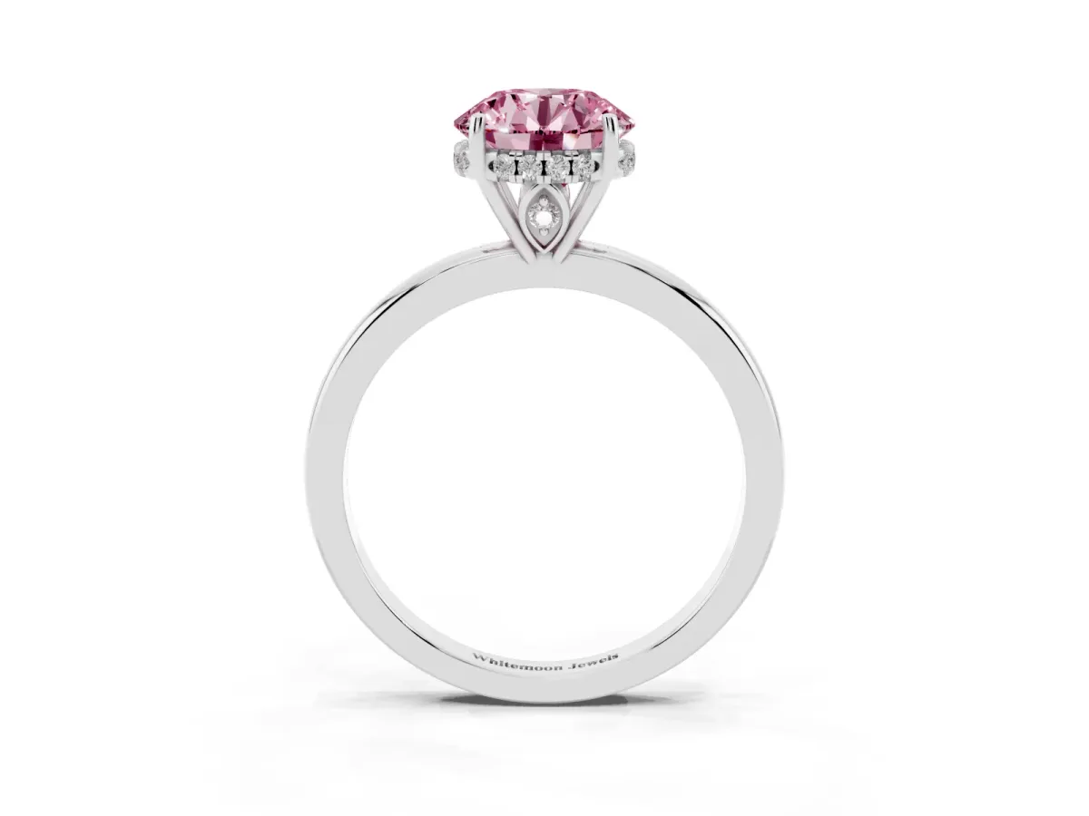 Fancy Pink Round Cut Solitaire Diamond Ring with Prong Setting and Plain Band Silver