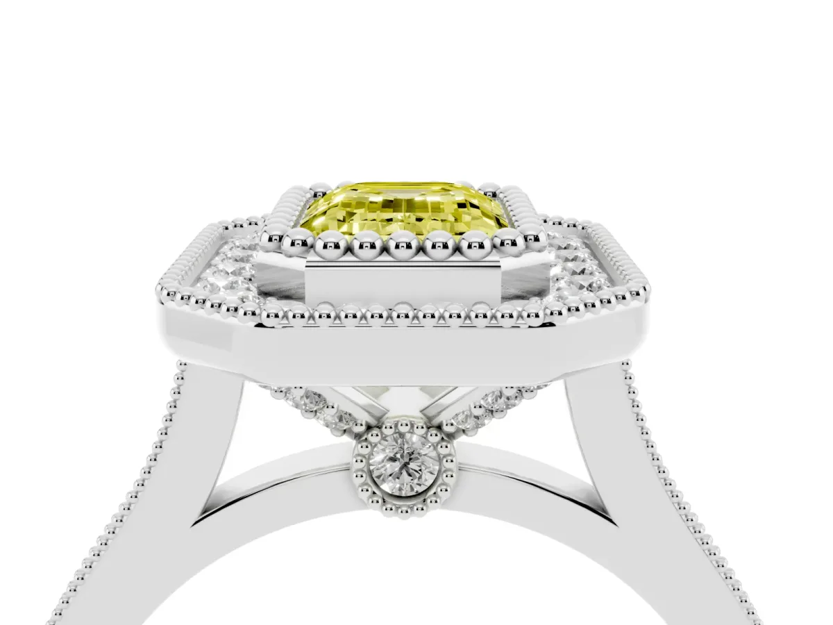 Fancy Yellow Emerald Cut Diamond Halo Ring with Milgrain Frame and Pavé Band Platinum