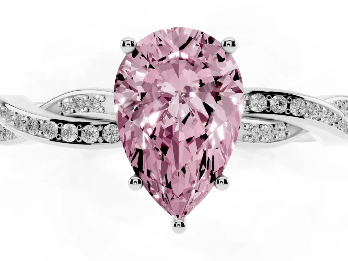 Fancy Pink Pear Cut Solitaire Twisted Pave Diamond Ring with Four-Prong Setting Silver
