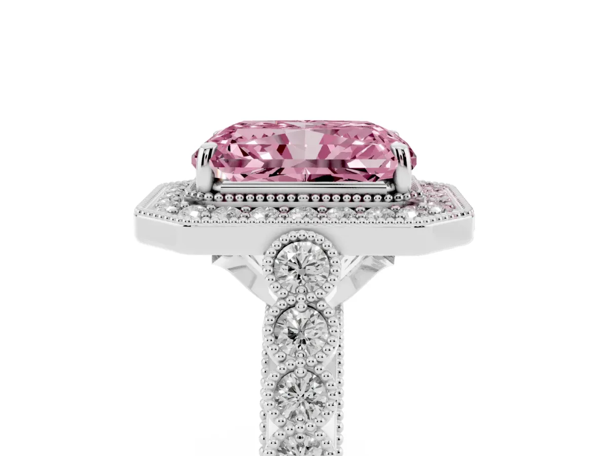Fancy Pink Radiant Cut Halo Milgrain Solitaire with Bezel Set Side Stones and Pave Band Platinum