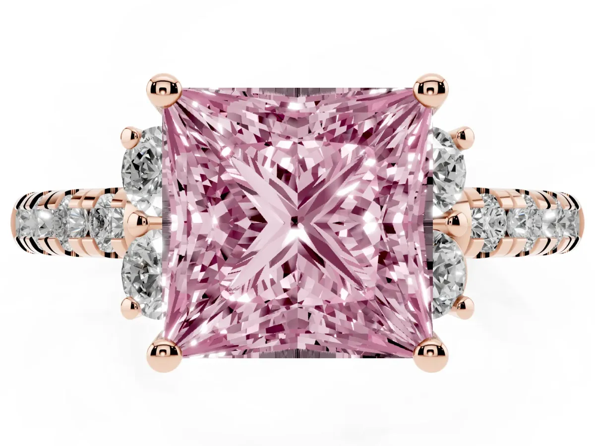 Fancy Pink Princess Cut Diamond Three-Stone Pave Band with Four-Prong Setting Rose gold