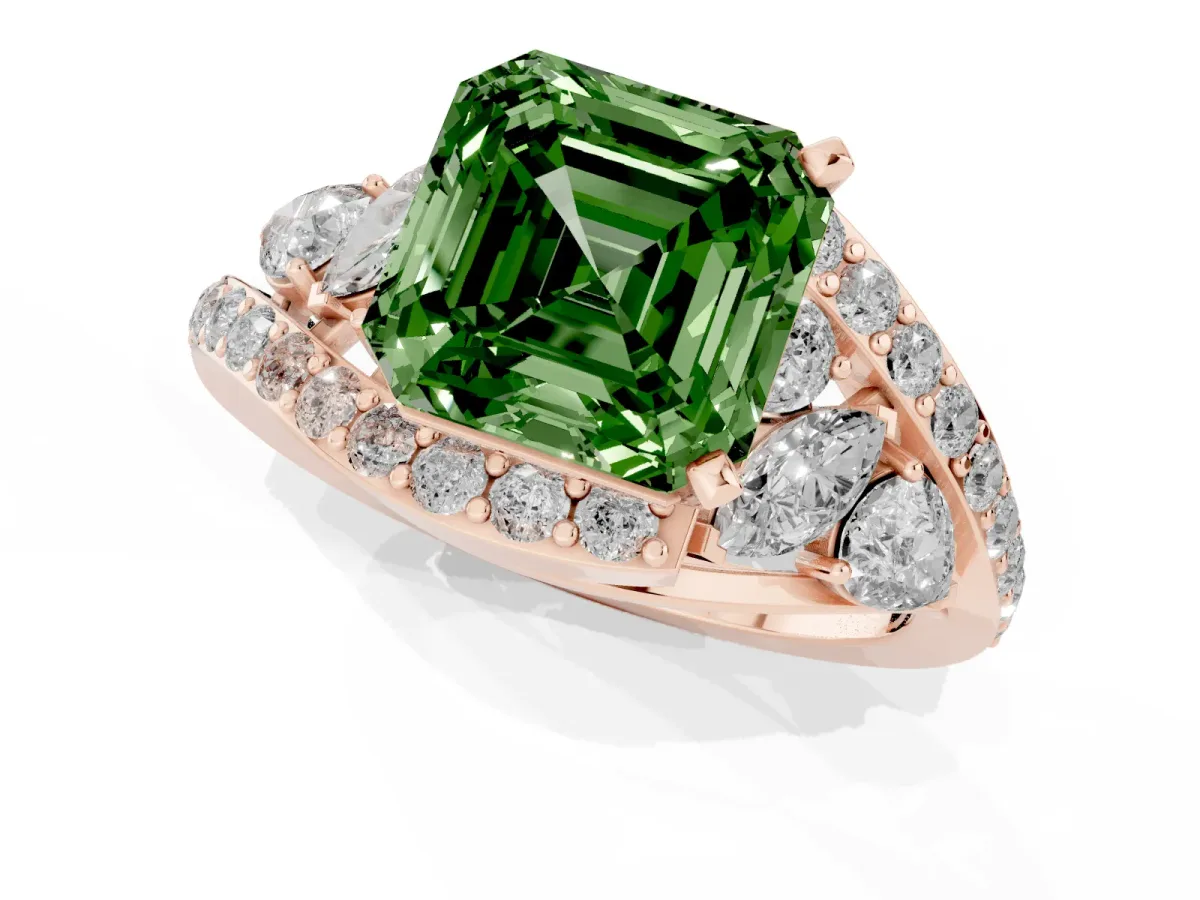 Fancy Green Asscher Cut Diamond Halo Ring with Marquise and Pavé Band in Prong Setting Rose gold