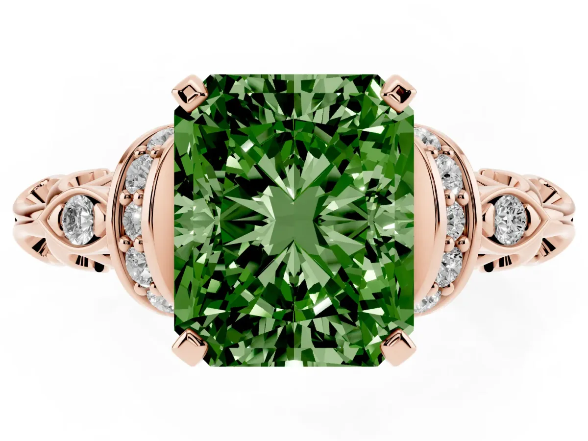 Fancy Green Radiant Cut Diamond Solitaire Ring with Filigree Band and Four-Prong Setting Rose gold
