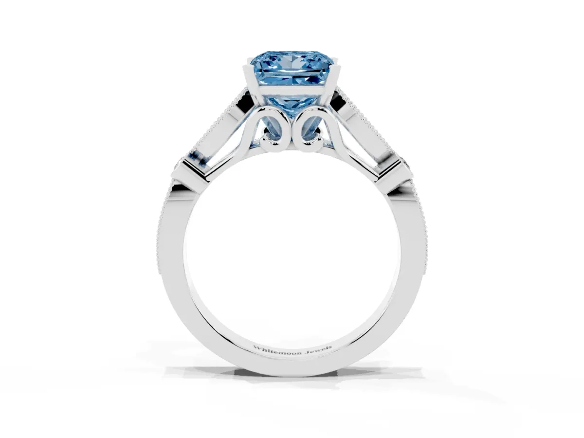 Fancy Blue Princess Cut Cut Diamond with Milgrain Marquise and Bezel Accents on a Solitaire Band with Prong Setting Silver