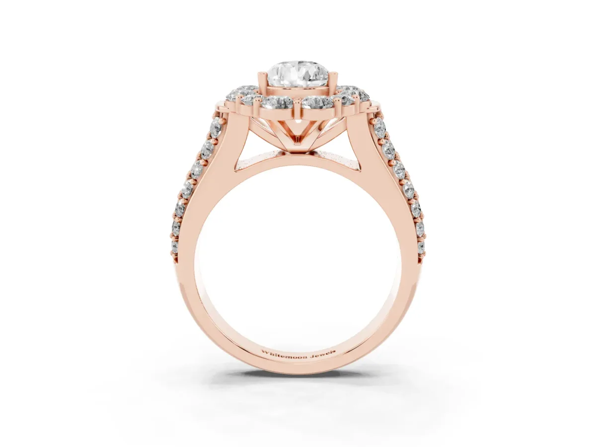 Pear Cut Halo Diamond Engagement Ring with Split Shank and Prong Setting Rose gold