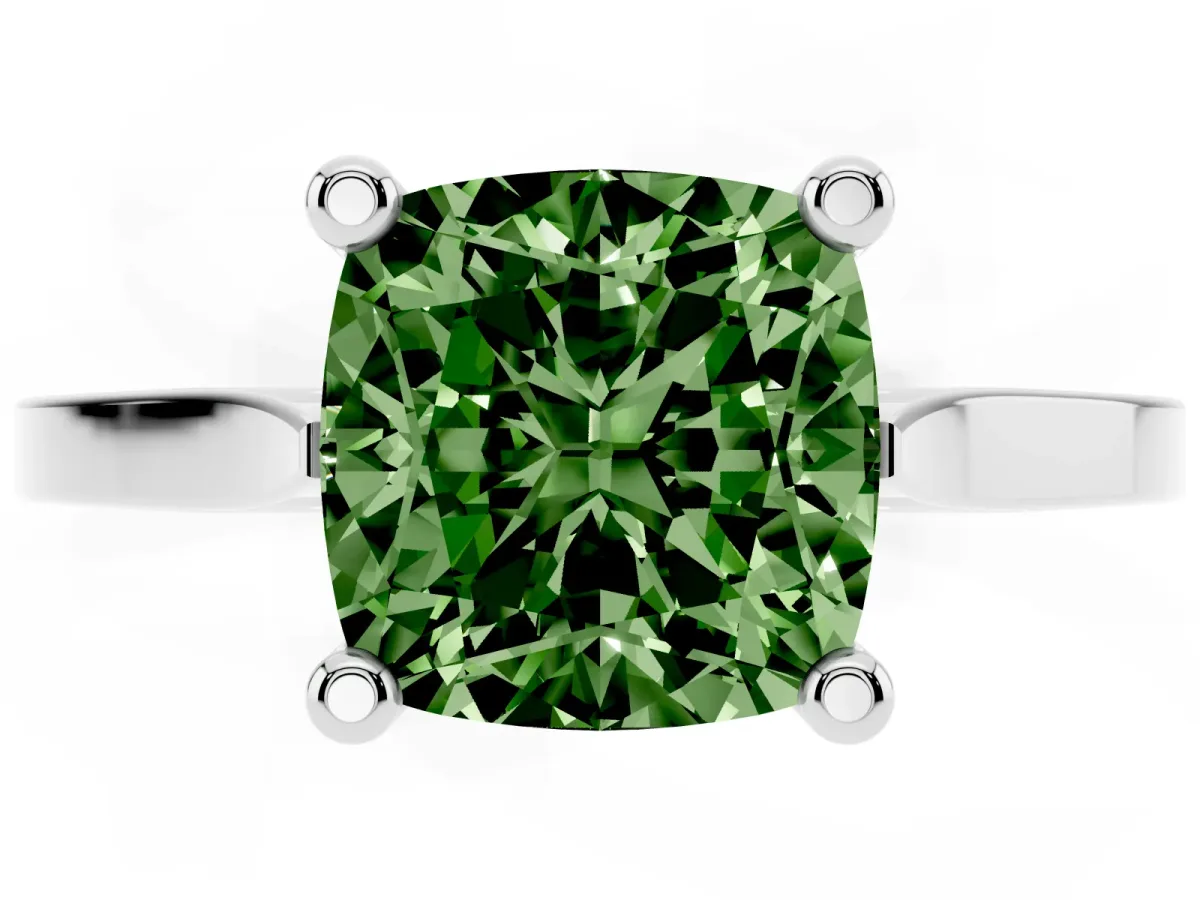 Fancy Green Cushion Cut Solitaire Diamond Ring with Four-Prong Setting and Tapered Band White gold